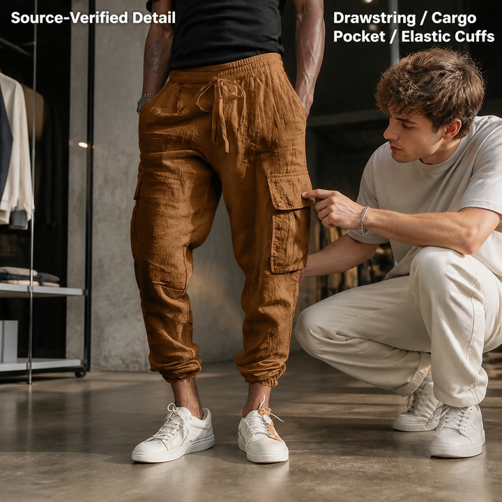 Workwear Casual Men's Trousers Large Size With Drawstring Multi Pocket Wide Tube Thin Cotton And Linen Summer Pants_viptrois.com
