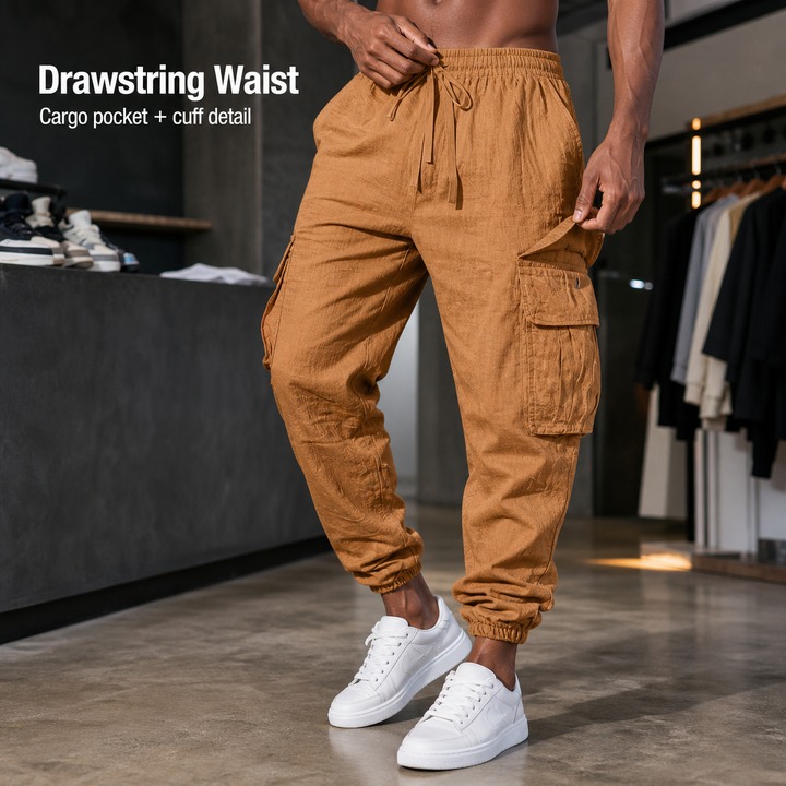 Workwear Casual Men's Trousers Large Size With Drawstring Multi Pocket Wide Tube Thin Cotton And Linen Summer Pants_viptrois.com