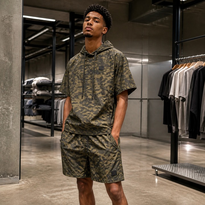 Men's Summer Thin Breathable Sunscreen Hooded Sports Set Short Sleeved Two Piece Suit Trendy Solid Color Loose Casual Outfit_viptrois.com