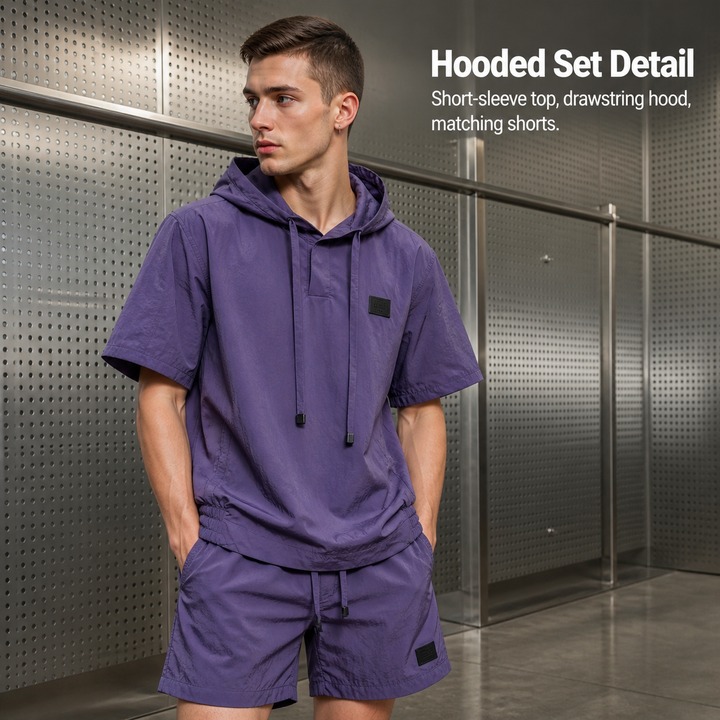Men's Summer Thin Breathable Sunscreen Hooded Sports Set Short Sleeved Two Piece Suit Trendy Solid Color Loose Casual Outfit_viptrois.com