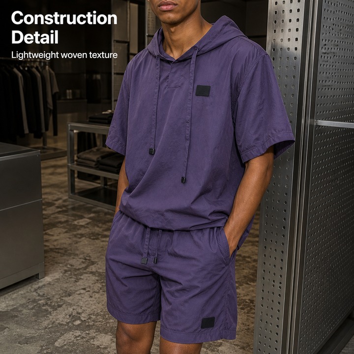Men's Summer Thin Breathable Sunscreen Hooded Sports Set Short Sleeved Two Piece Suit Trendy Solid Color Loose Casual Outfit_viptrois.com