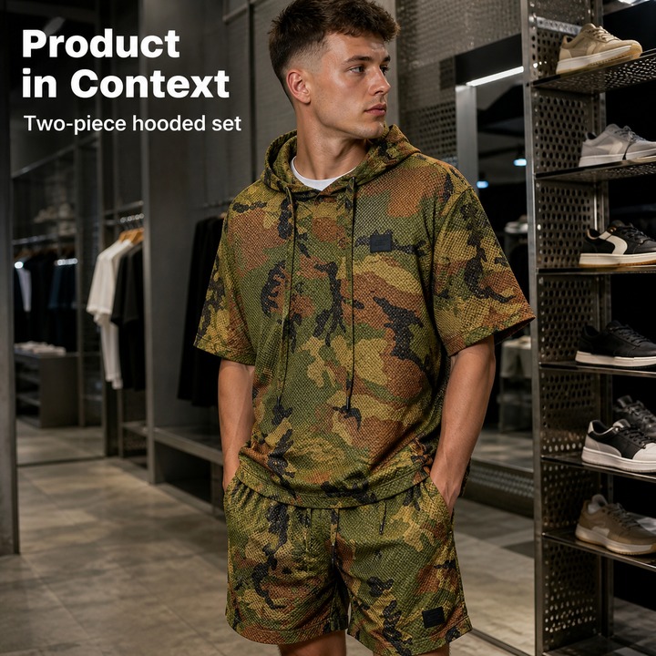 Men's Summer Thin Breathable Sunscreen Hooded Sports Set Short Sleeved Two Piece Suit Trendy Solid Color Loose Casual Outfit_viptrois.com