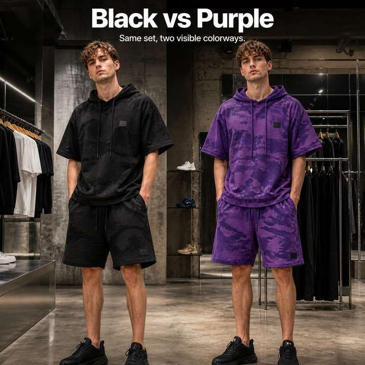 Men's Summer Thin Breathable Sunscreen Hooded Sports Set Short Sleeved Two Piece Suit Trendy Solid Color Loose Casual Outfit_viptrois.com