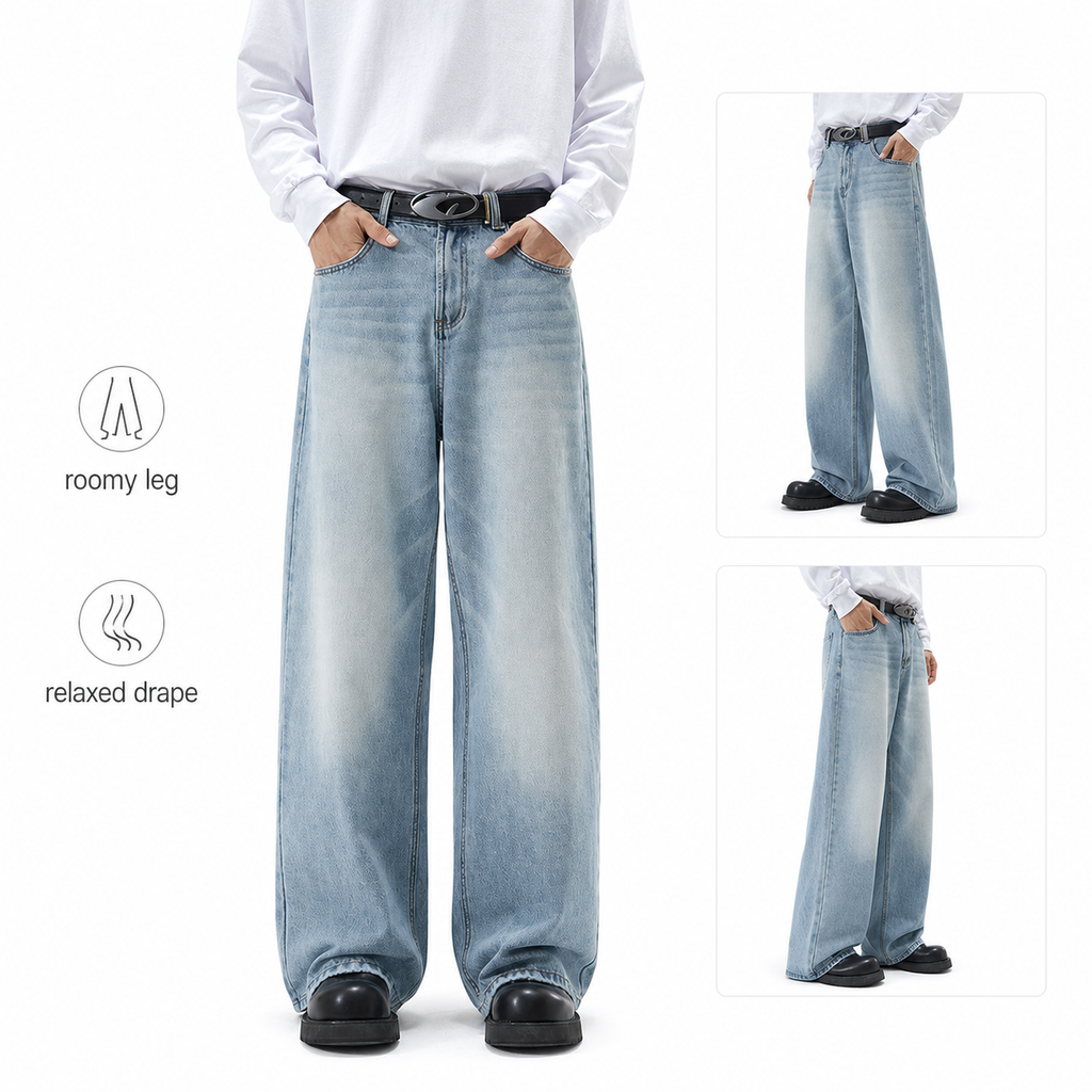 Men's Jeans Loose Fit Wide Leg Straight Cut Denim Trousers_voghion.com