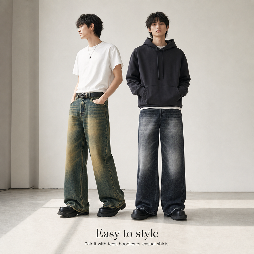 Men's Jeans Loose Fit Wide Leg Straight Cut Denim Trousers_voghion.com