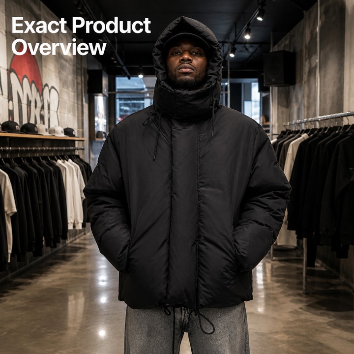 ​​Men's Black Winter Puffer Jacket – Streetwear Hooded Coat, Unisex Oversized Fit, High-End Textured Design, Urban Cold-Weather Essential​​_viptrois.com