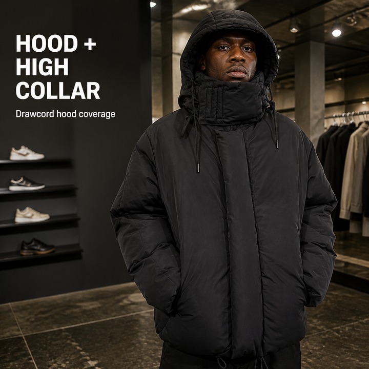 ​​Men's Black Winter Puffer Jacket – Streetwear Hooded Coat, Unisex Oversized Fit, High-End Textured Design, Urban Cold-Weather Essential​​_viptrois.com