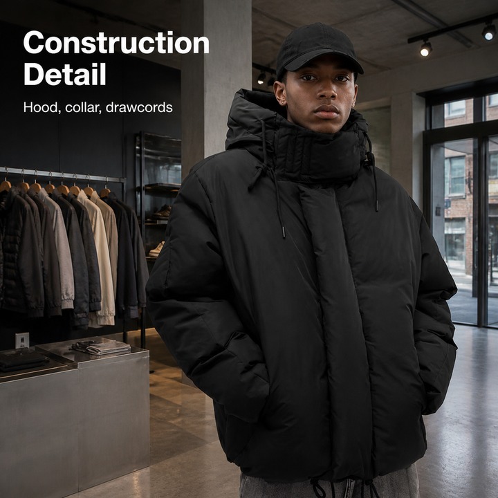 ​​Men's Black Winter Puffer Jacket – Streetwear Hooded Coat, Unisex Oversized Fit, High-End Textured Design, Urban Cold-Weather Essential​​_viptrois.com