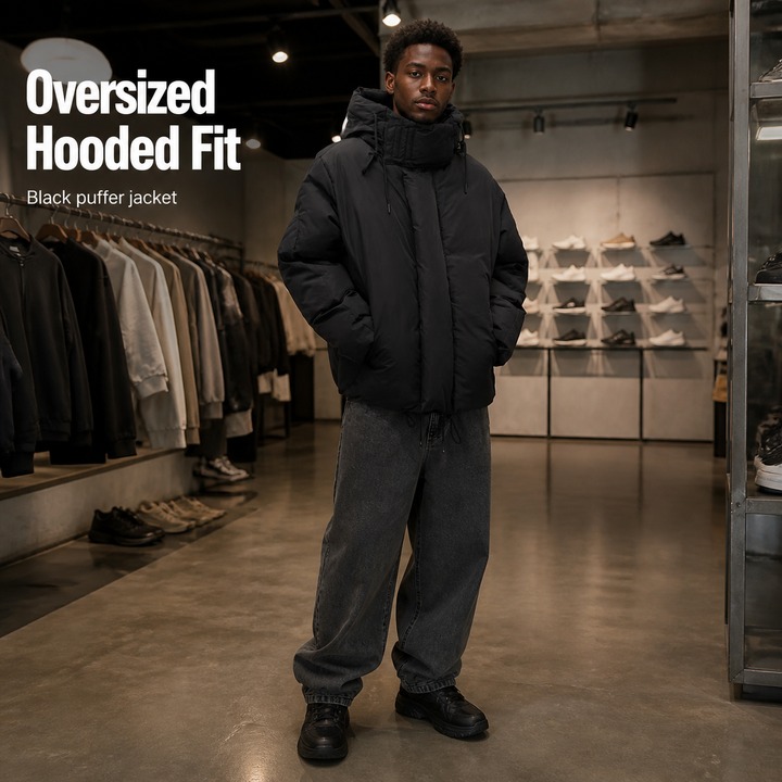 ​​Men's Black Winter Puffer Jacket – Streetwear Hooded Coat, Unisex Oversized Fit, High-End Textured Design, Urban Cold-Weather Essential​​_viptrois.com