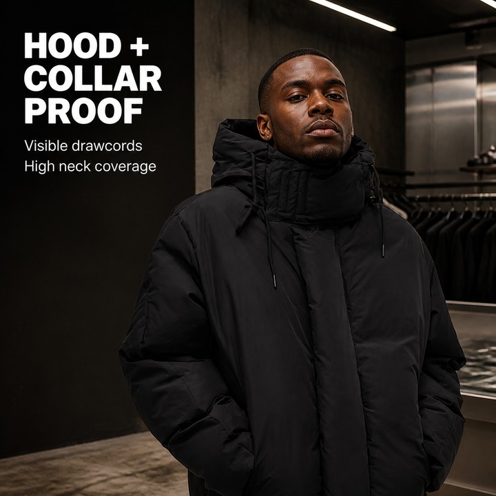 ​​Men's Black Winter Puffer Jacket – Streetwear Hooded Coat, Unisex Oversized Fit, High-End Textured Design, Urban Cold-Weather Essential​​_viptrois.com