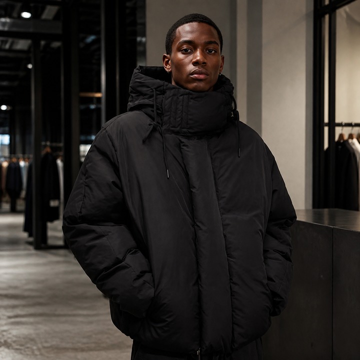 ​​Men's Black Winter Puffer Jacket – Streetwear Hooded Coat, Unisex Oversized Fit, High-End Textured Design, Urban Cold-Weather Essential​​_viptrois.com