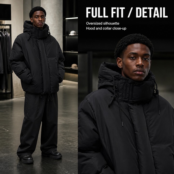 ​​Men's Black Winter Puffer Jacket – Streetwear Hooded Coat, Unisex Oversized Fit, High-End Textured Design, Urban Cold-Weather Essential​​_viptrois.com