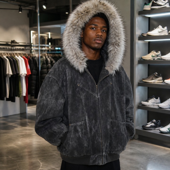 ​​Men's Distressed Vintage Hooded Jacket – Oversized Fit, Faux Fur Trim, Heavyweight Cotton For Winter​​_viptrois.com