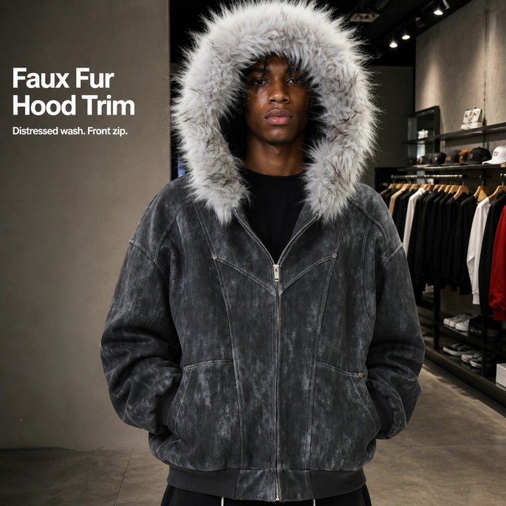 ​​Men's Distressed Vintage Hooded Jacket – Oversized Fit, Faux Fur Trim, Heavyweight Cotton For Winter​​_viptrois.com