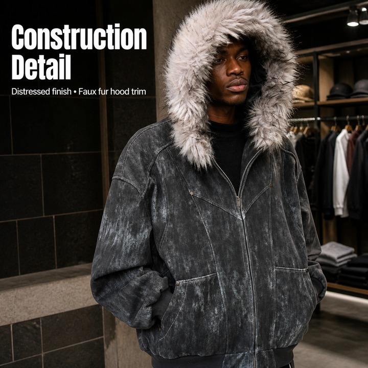 Men's Distressed Vintage Hooded Jacket – Oversized Fit, Faux Fur Trim, Heavyweight Cotton For Winter_viptrois.com