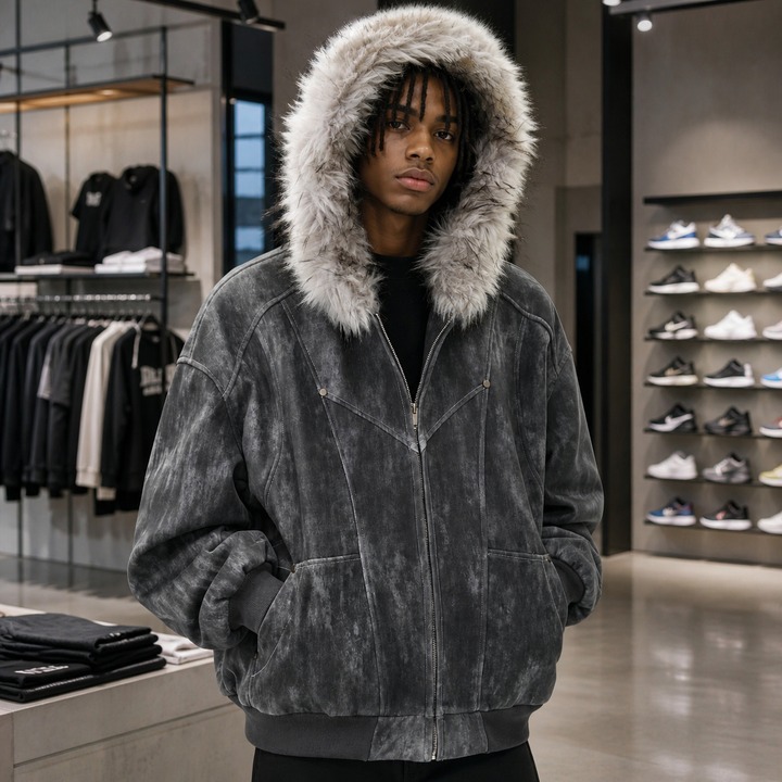 ​​Men's Distressed Vintage Hooded Jacket – Oversized Fit, Faux Fur Trim, Heavyweight Cotton For Winter​​_viptrois.com