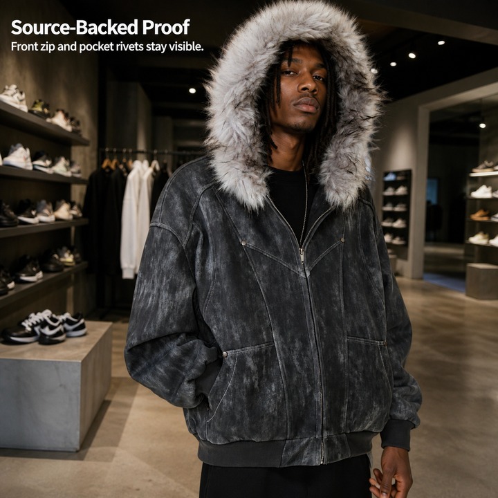 Men's Distressed Vintage Hooded Jacket – Oversized Fit, Faux Fur Trim, Heavyweight Cotton For Winter_viptrois.com