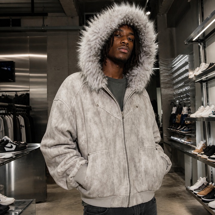 ​​Men's Distressed Vintage Hooded Jacket – Oversized Fit, Faux Fur Trim, Heavyweight Cotton For Winter​​_viptrois.com
