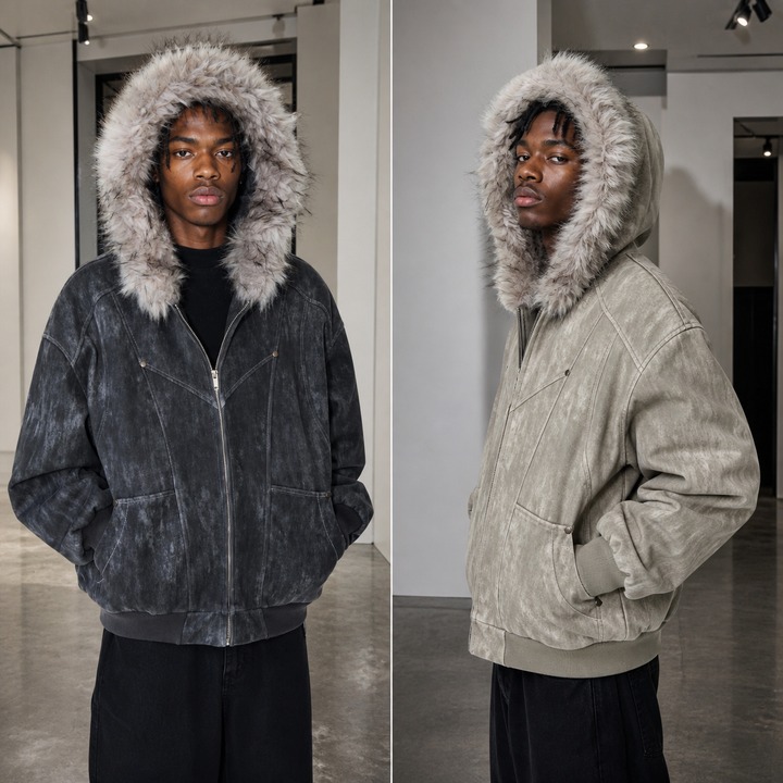 ​​Men's Distressed Vintage Hooded Jacket – Oversized Fit, Faux Fur Trim, Heavyweight Cotton For Winter​​_viptrois.com