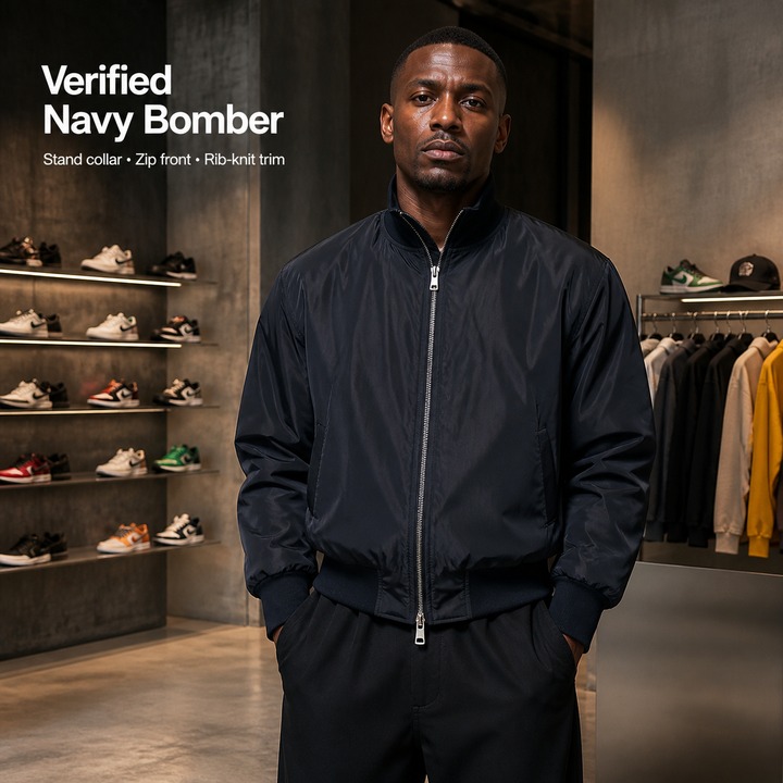 ​​Men's Navy Blue Bomber Jacket – Short Puffer Coat,Winter Essential, Stand Collar Design, Elevated Streetwear Staple​​_viptrois.com