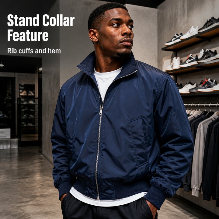 ​​Men's Navy Blue Bomber Jacket – Short Puffer Coat,Winter Essential, Stand Collar Design, Elevated Streetwear Staple​​_viptrois.com