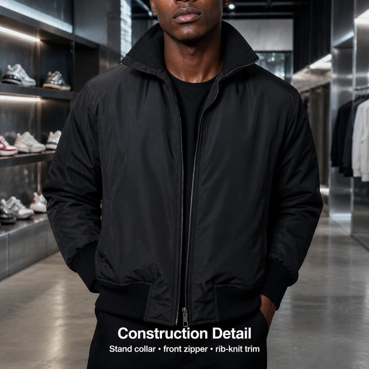 ​​Men's Navy Blue Bomber Jacket – Short Puffer Coat,Winter Essential, Stand Collar Design, Elevated Streetwear Staple​​_viptrois.com