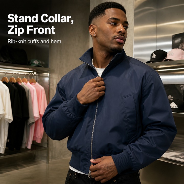 ​​Men's Navy Blue Bomber Jacket – Short Puffer Coat,Winter Essential, Stand Collar Design, Elevated Streetwear Staple​​_viptrois.com