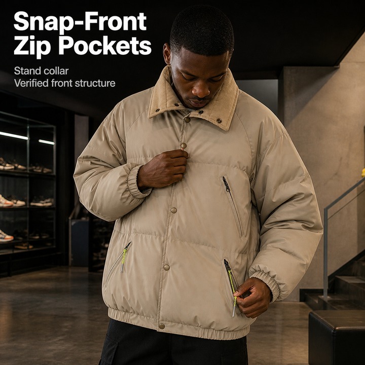 ​​Unisex Vintage-Inspired Short Puffer Jacket, Minimalist Stand Collar Coat With Thickened Cotton Fill, Streetwear For Couples & Urban Styling​​_viptrois.com