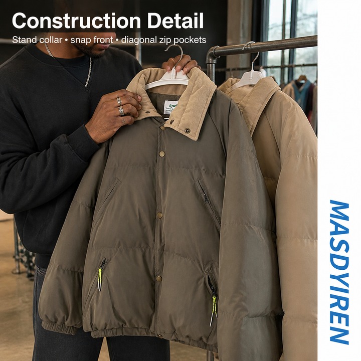 ​​Unisex Vintage-Inspired Short Puffer Jacket, Minimalist Stand Collar Coat With Thickened Cotton Fill, Streetwear For Couples & Urban Styling​​_viptrois.com