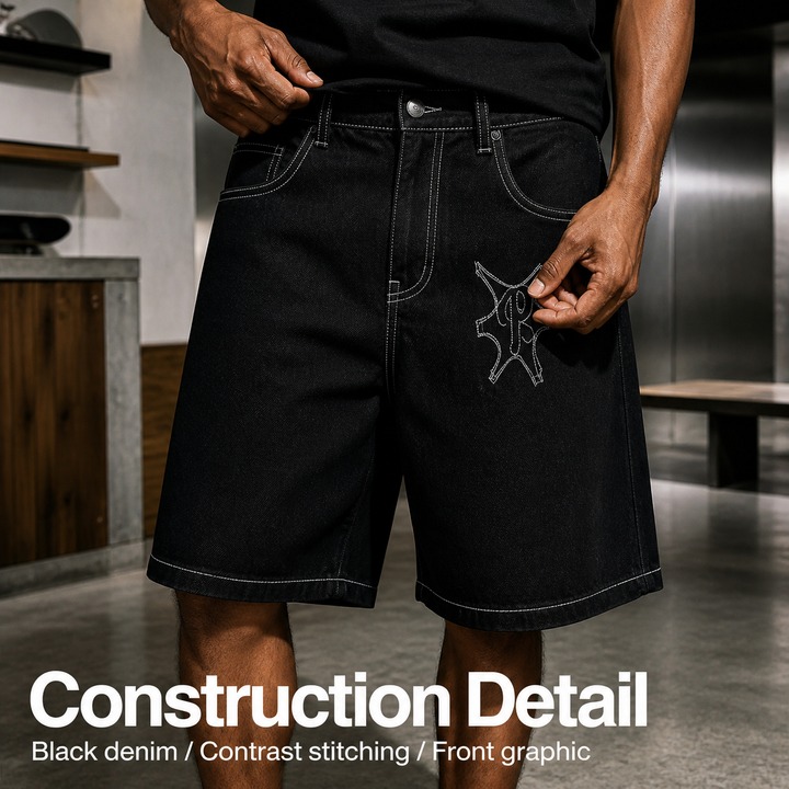 Men's High Street Casual Y2K Retro Hip Hop Jorts Denim Shorts With Embroidered Letters_viptrois.com