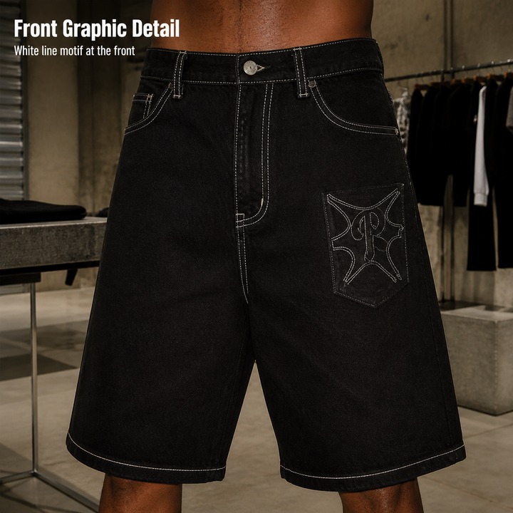 Men's High Street Casual Y2K Retro Hip Hop Jorts Denim Shorts With Embroidered Letters_viptrois.com