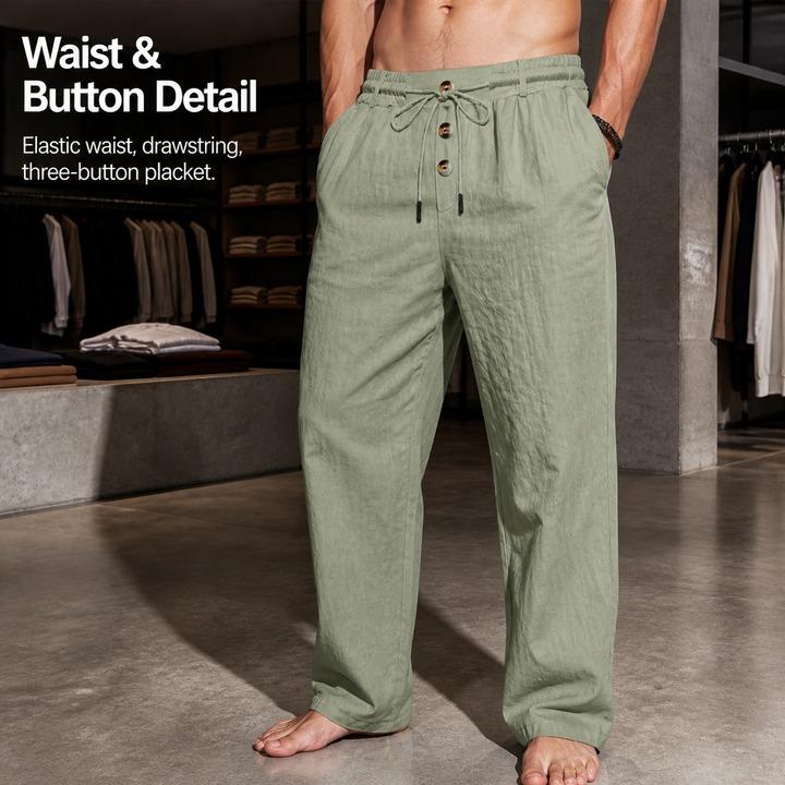 Men's Clothing Men's Casual Linen Trousers Autumn Winter Straight Leg Sporty Loose Fit Button Detail Trendy Beachwear_viptrois.com