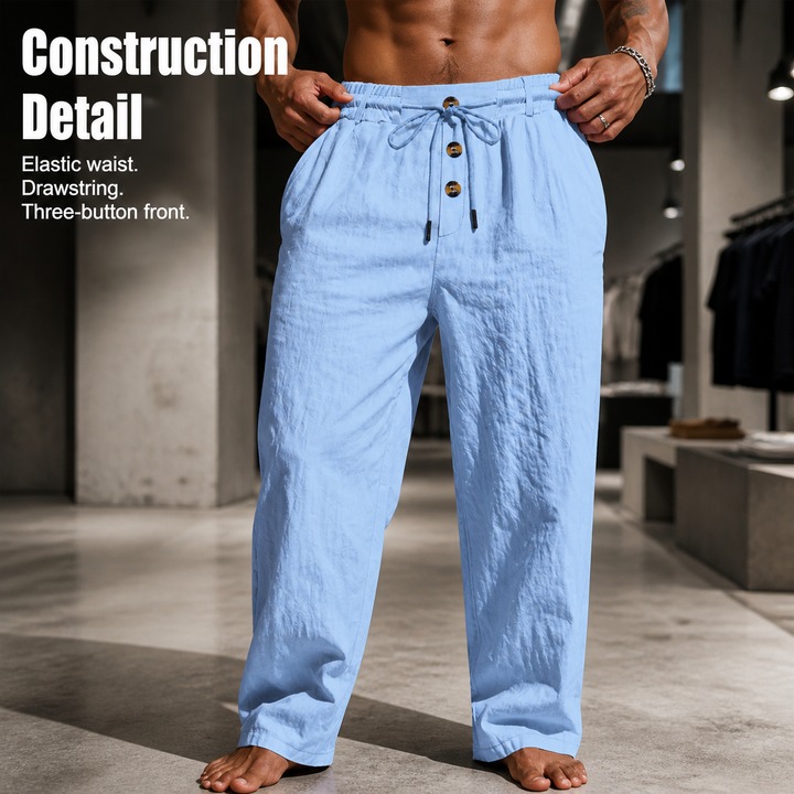 Men's Clothing Men's Casual Linen Trousers Autumn Winter Straight Leg Sporty Loose Fit Button Detail Trendy Beachwear_viptrois.com