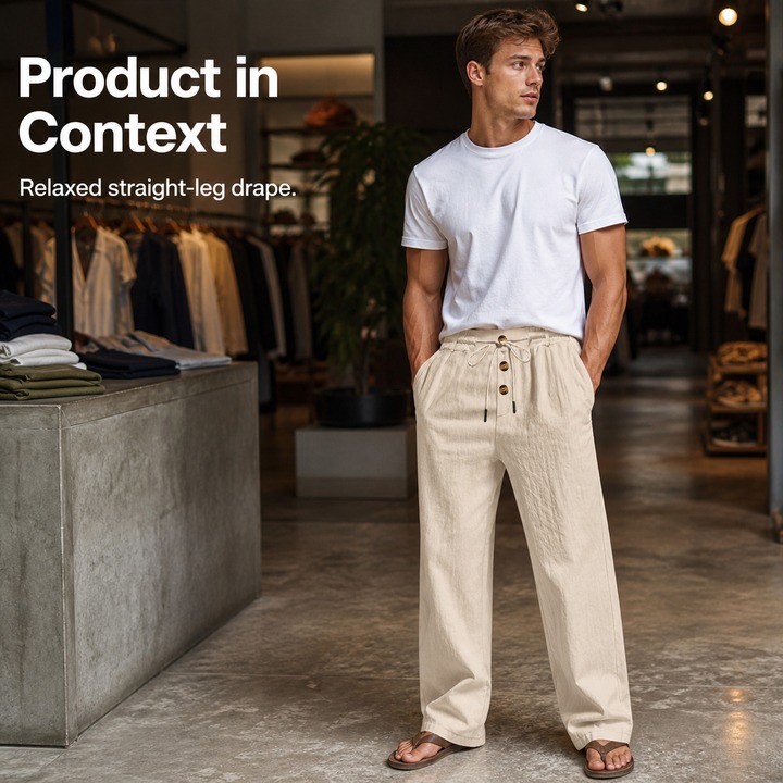 Men's Clothing Men's Casual Linen Trousers Autumn Winter Straight Leg Sporty Loose Fit Button Detail Trendy Beachwear_viptrois.com