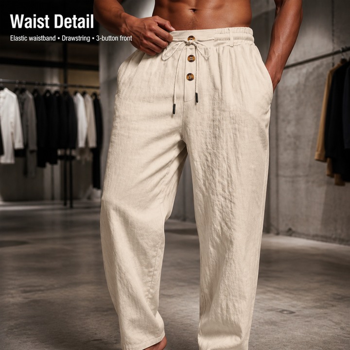 Men's Clothing Men's Casual Linen Trousers Autumn Winter Straight Leg Sporty Loose Fit Button Detail Trendy Beachwear_viptrois.com