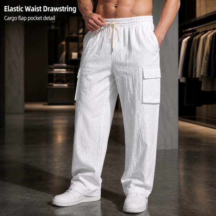 Men's Linen Trousers Spring Autumn Cargo Multi Pocket Straight Leg Loose Fit Pants_viptrois.com