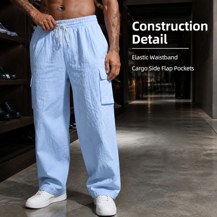 Men's Linen Trousers Spring Autumn Cargo Multi Pocket Straight Leg Loose Fit Pants_viptrois.com