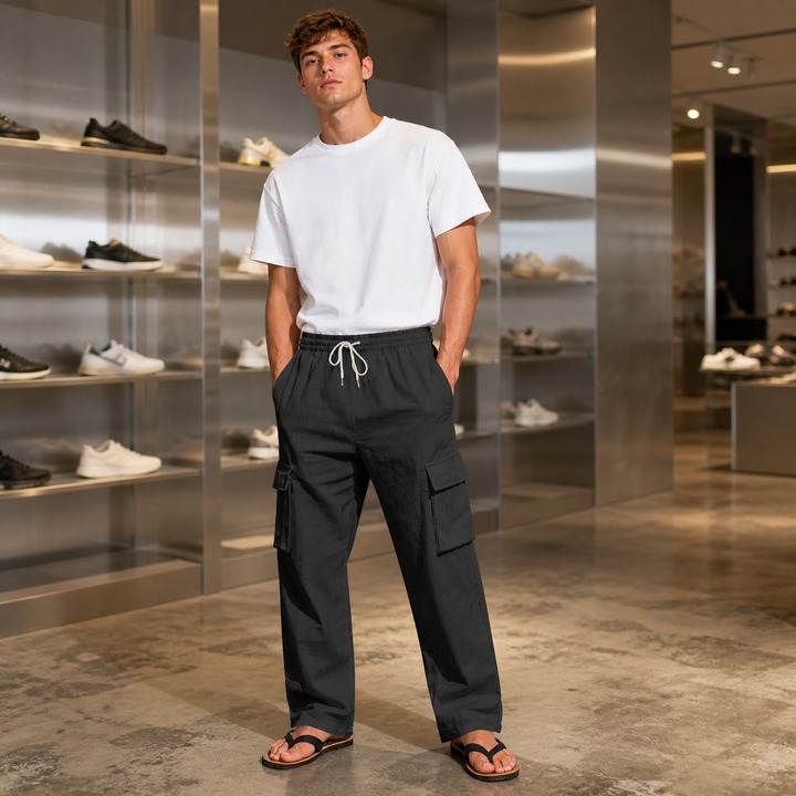 Men's Linen Trousers Spring Autumn Cargo Multi Pocket Straight Leg Loose Fit Pants_viptrois.com
