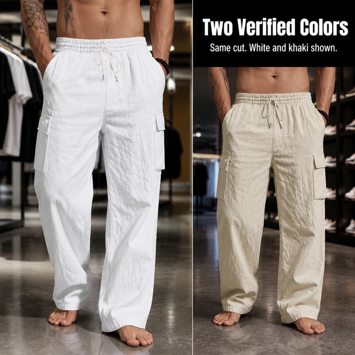 Men's Linen Trousers Spring Autumn Cargo Multi Pocket Straight Leg Loose Fit Pants_viptrois.com