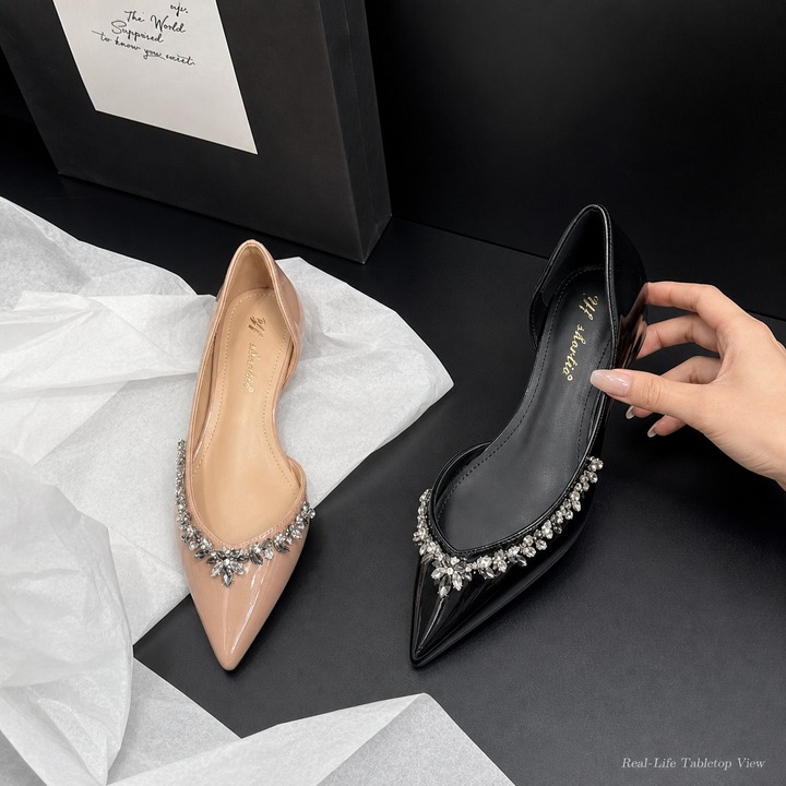 Women's Retro Slip-On Heel Sandals Rhinestone Pointed Toe Open Sides 4 Cm Height Increase Summer Women's Ballet Flats_vogvips.com