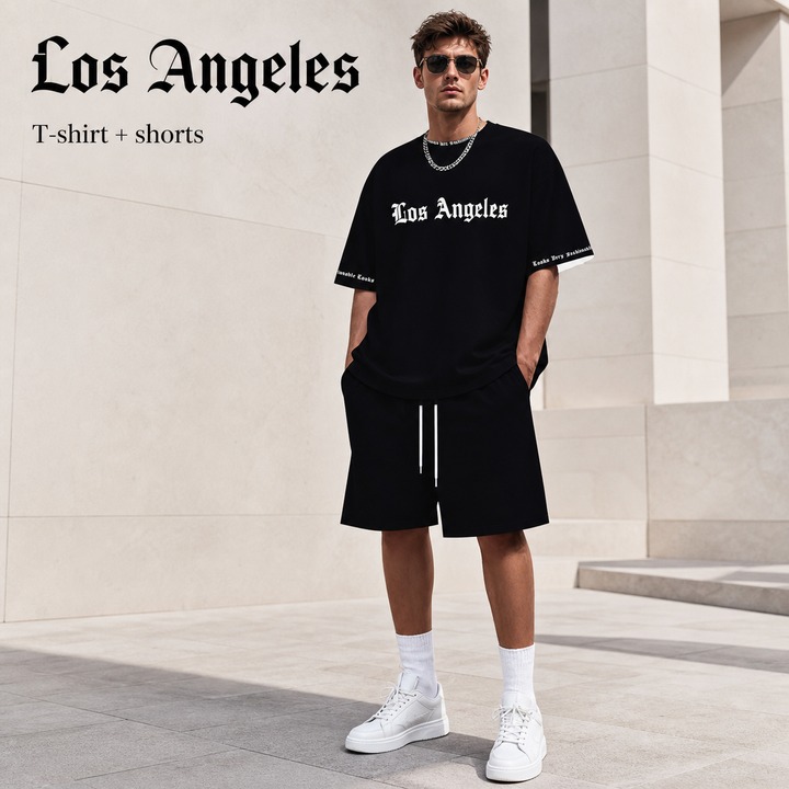 Men's Casual Style T-Shirt Short Sleeve Round Neck Street Style Printed Letter Breathable Summer Soft Set Los Angeles Theme_viptrois.com