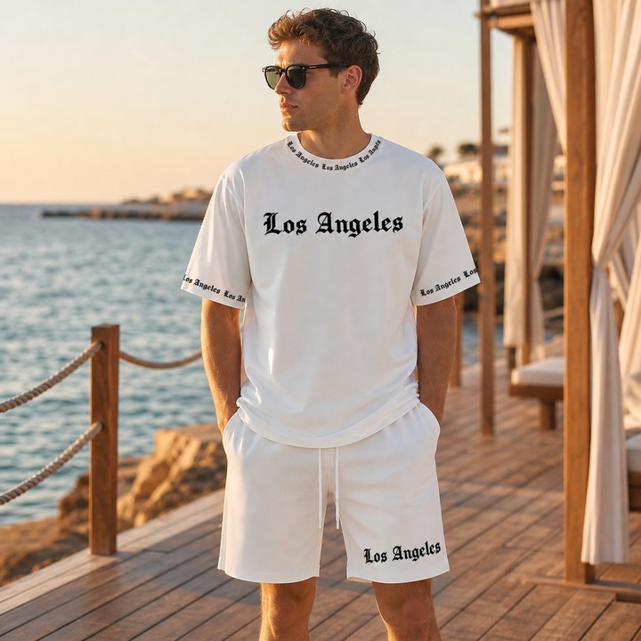 Men's Casual Style T-Shirt Short Sleeve Round Neck Street Style Printed Letter Breathable Summer Soft Set Los Angeles Theme_viptrois.com