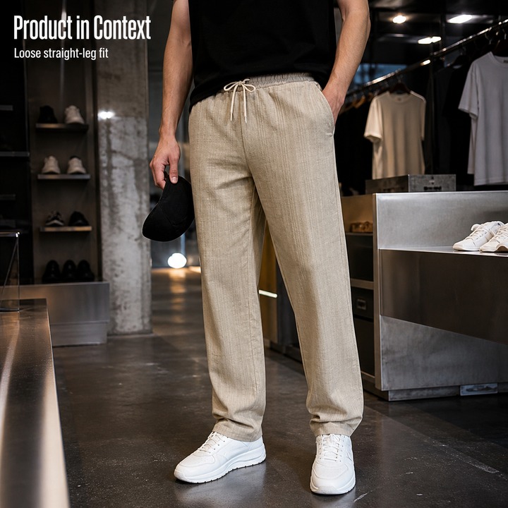 Men's Clothing Men's Casual Pants Loose Fit Breathable Linen Like Bamboo Joint Style Simple Sports Jogging Straight Leg Long_viptrois.com