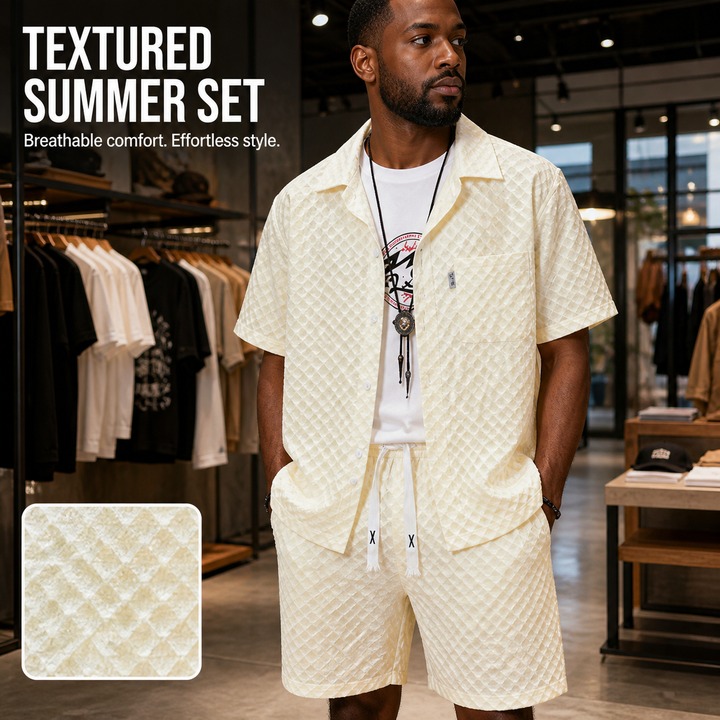 Men's Clothing Summer Ice Silk Suit For Men, Handsome Trendy Short-sleeved Shirt And Shorts, A Set Of Plaid Thin Sports And Leisure Two-piece Suit_senzul.com