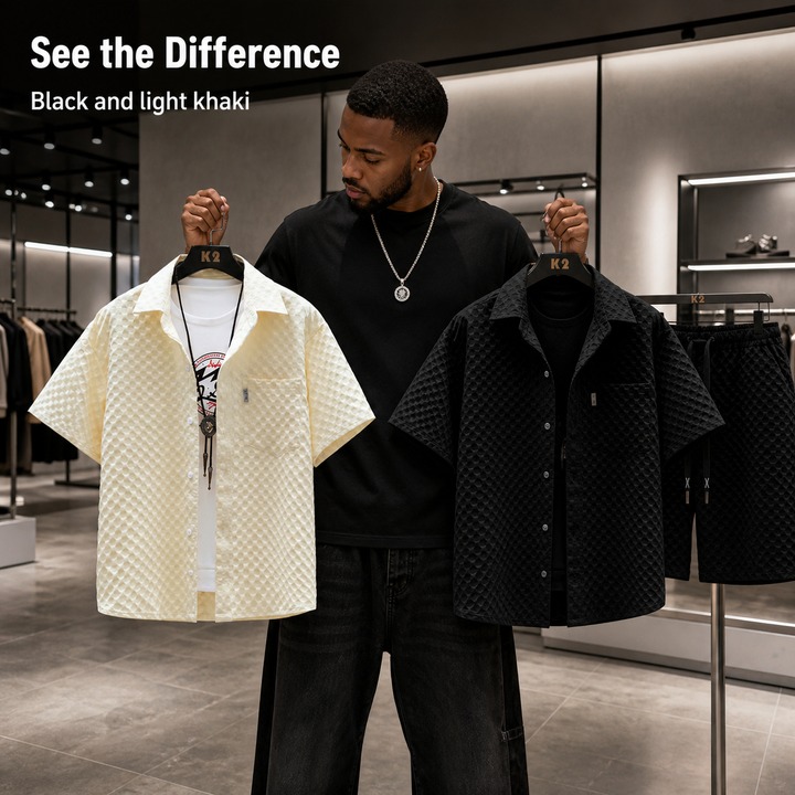 Men's Clothing Summer Ice Silk Suit For Men, Handsome Trendy Short-sleeved Shirt And Shorts, A Set Of Plaid Thin Sports And Leisure Two-piece Suit_senzul.com