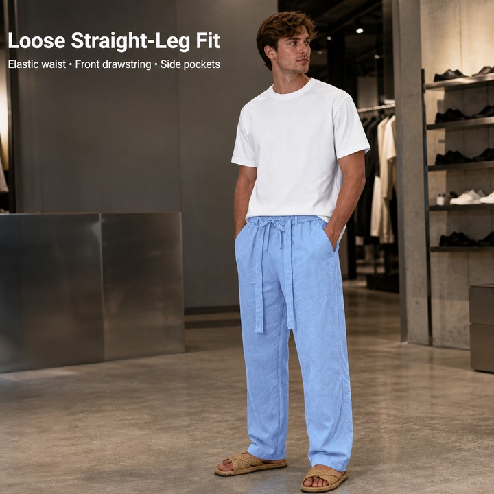 Men's Retro Linen Straight Leg Trousers Loose Woven Summer Bottoms Source_viptrois.com