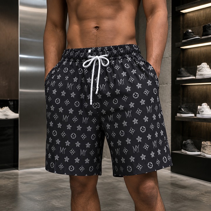 Men's Casual Ice Silk Shorts Stylish Triangular Logo Trendy Sports Five Point Pants Mid Waist Elastic Comfortable Summer Thin_viptrois.com