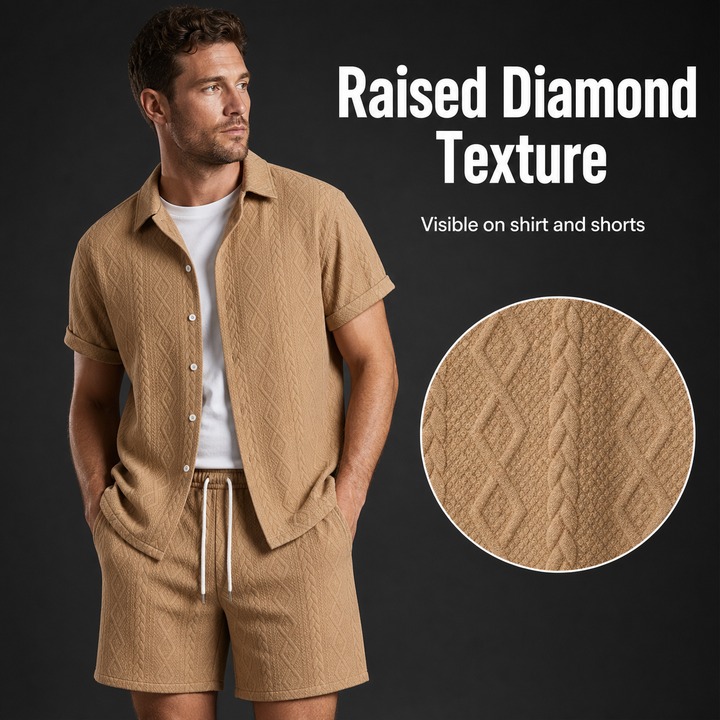 Men's Casual Sports Suit Spring Summer Knitted Pattern Loose Short Sleeve Two Piece Set In Black Beige Khaki White_viptrois.com