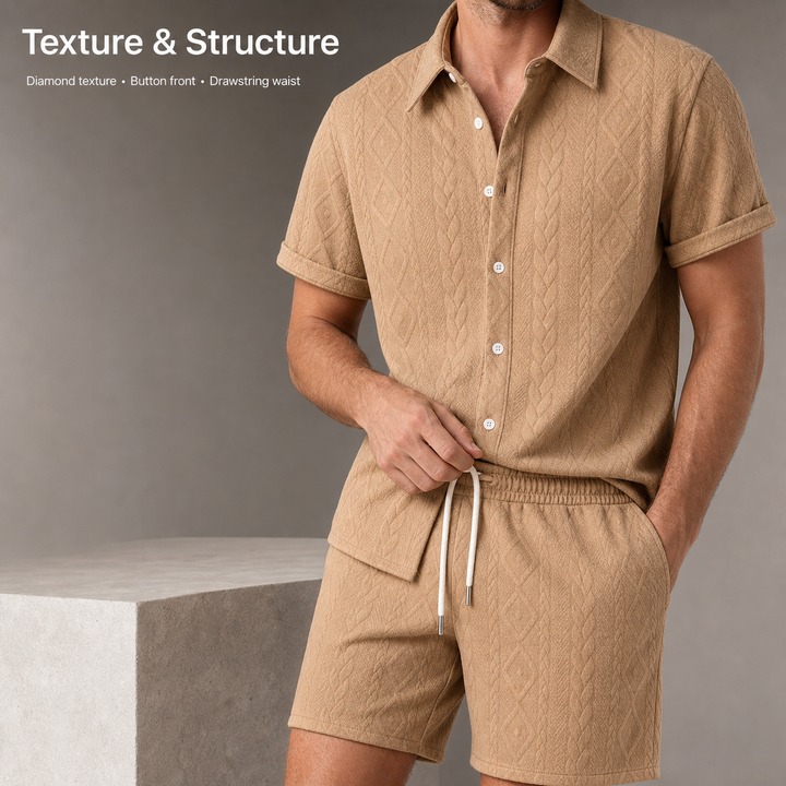 Men's Casual Sports Suit Spring Summer Knitted Pattern Loose Short Sleeve Two Piece Set In Black Beige Khaki White_viptrois.com