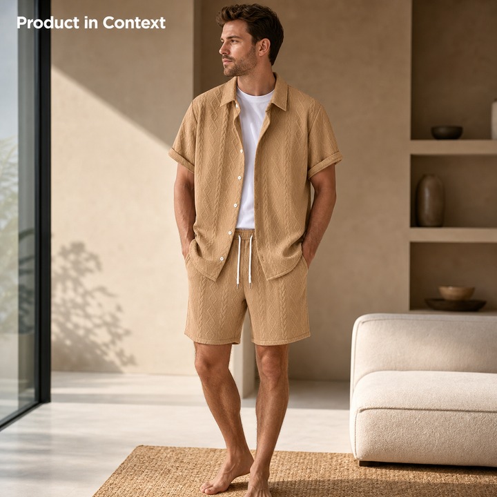 Men's Casual Sports Suit Spring Summer Knitted Pattern Loose Short Sleeve Two Piece Set In Black Beige Khaki White_viptrois.com